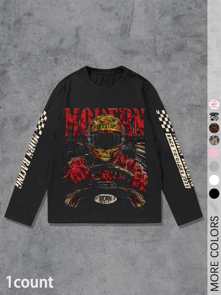 Men's Letter ＆ Number Print Long Sleeve Tee, Regular Fit Casual Street T-shirt for Daily Wear, Men's Top for All Seasons