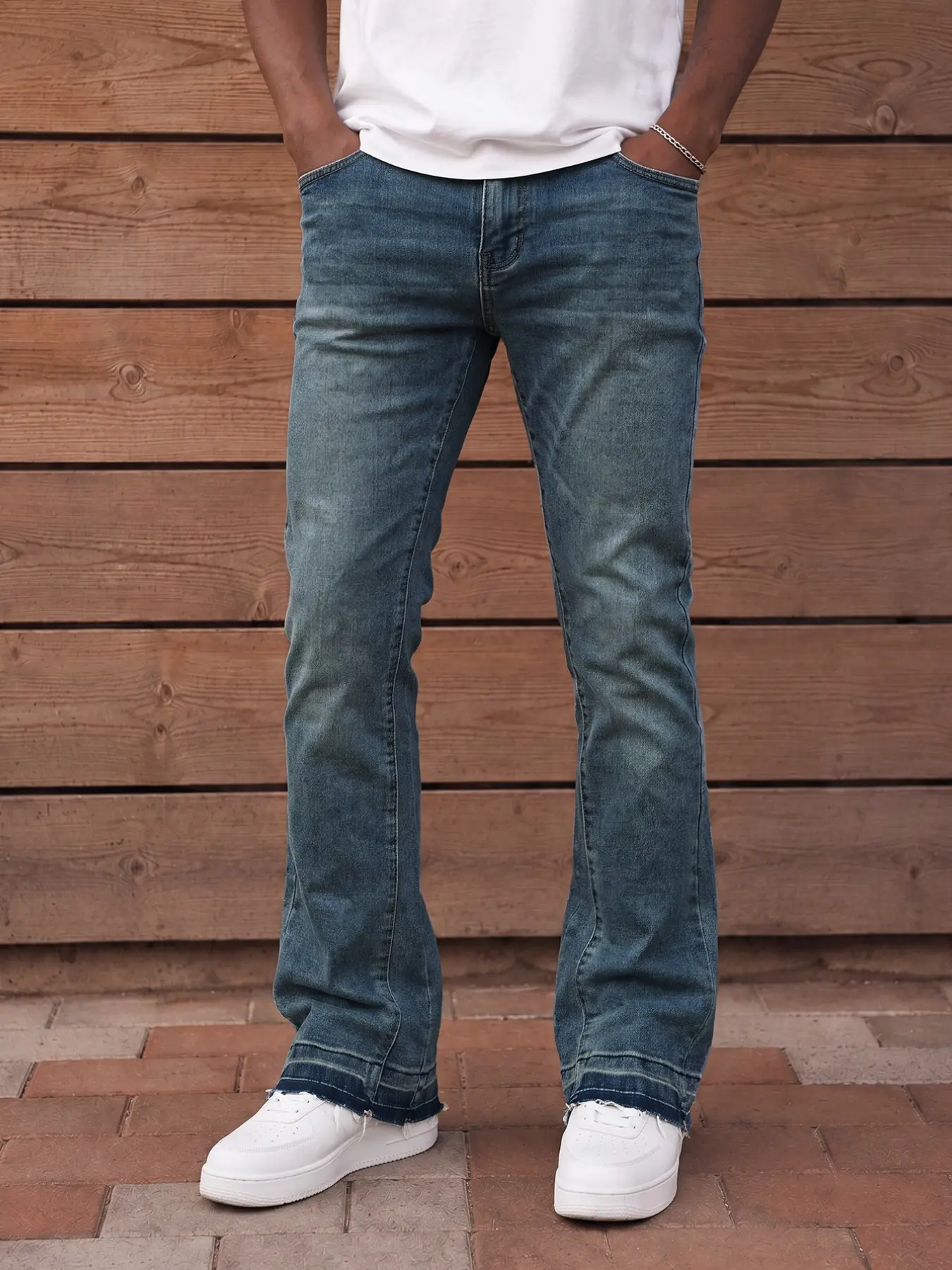 Men's Vintage Micro Flare Jeans, Slim Fit Small Bell Shape, Washed Gradient Faded Denim Long Pants, Street Fashion Style