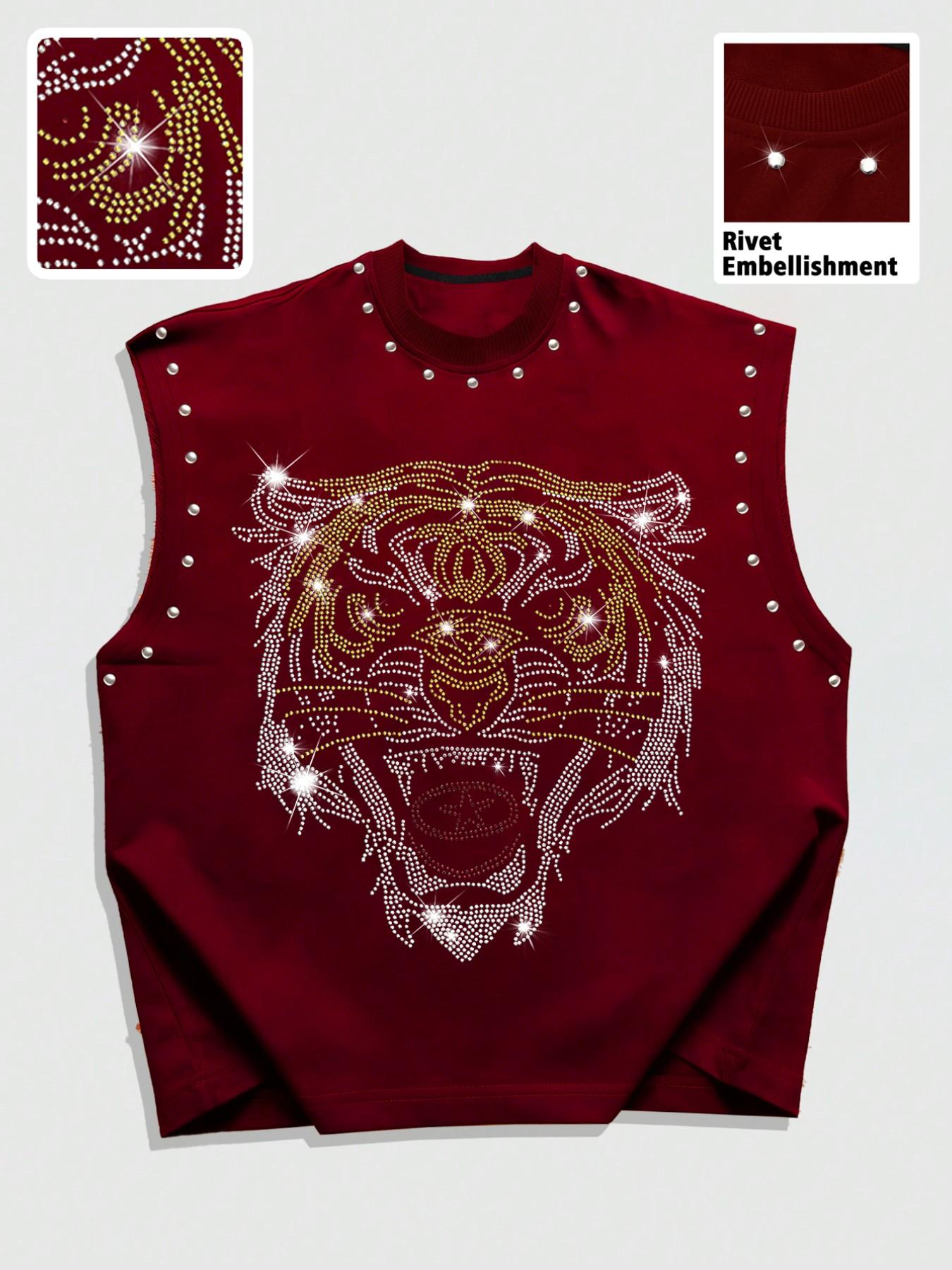 Summer Unisex Rivet Vest, Tiger Head Rhinestone Graphic Design, Loose Fit, Perfect for Streetwear, Music Festivals, Live House, Layering