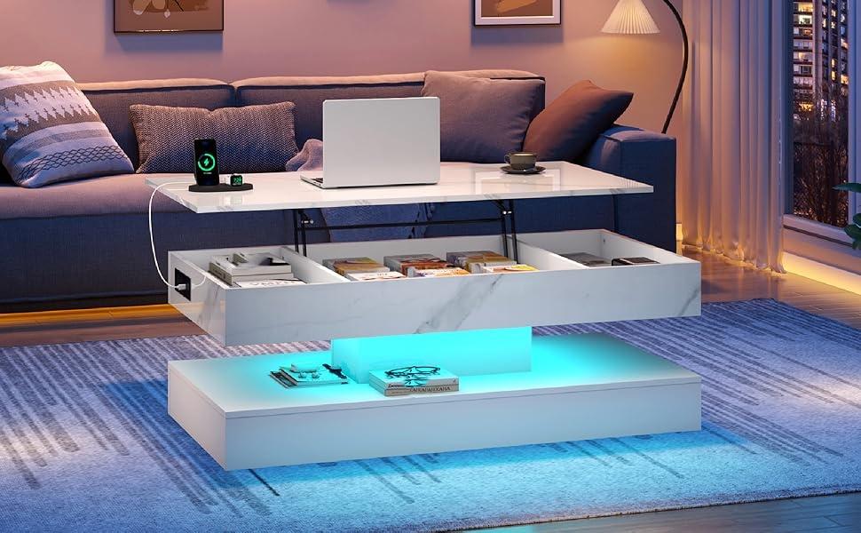 47.2" Large Lift Top Coffee Table with Charging Station, LED Modern High Glossy Center Table with Hidden Compartment Storage, White Lift Living Room Tables with Marbling Print