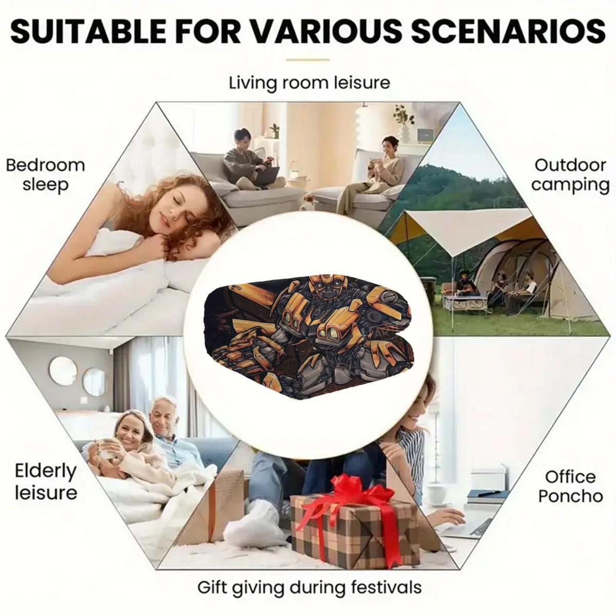 Vintage Transformers Flannel Blanket, Bumblebee Full Print, Thick Comfortable Sofa Cover, Festival Gift, Multi-Purpose Throw Blanket