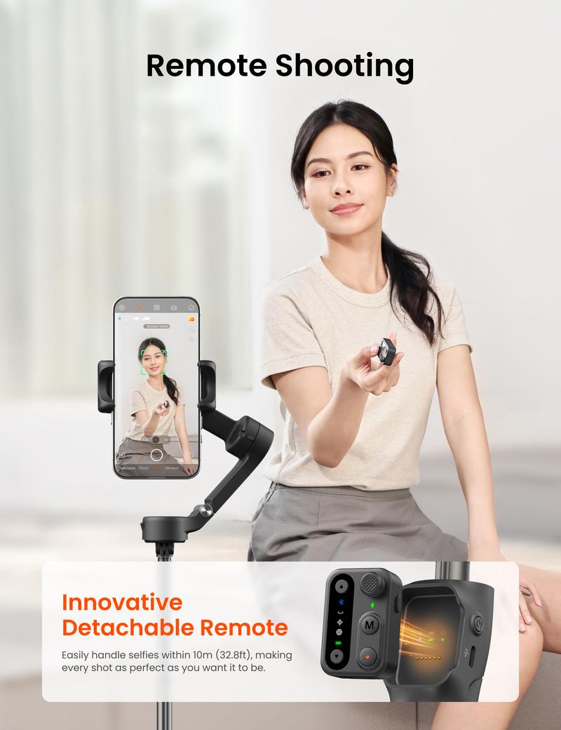 hohem iSteady X3 SE Plus Gimbal Stabilizer for iPhone, AI Facial Tracking,Smartphone Gimbal with Detachable Remote Control, Portable Foldable 3-Axis Phone Gimbal for Android & iPhone 17 ,Built-in Extendable Rod,Vlog Stabilizer,Cellphone&Selfie accessories