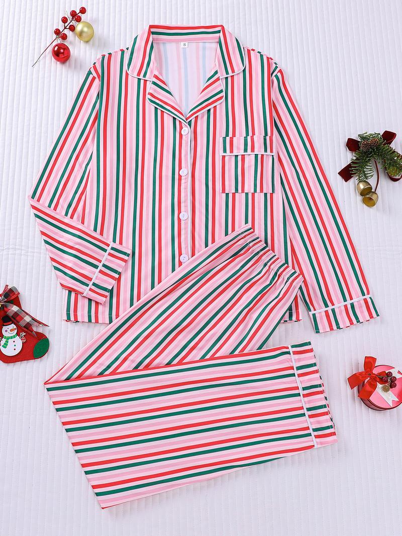 2-piece set full of pink, white, green, and red striped printed long sleeved pants, soft, comfortable, skin friendly, smooth top, small pocket, button closure, elastic waistband, suitable for all seasons home, casual wear, pajamas, Loungewear