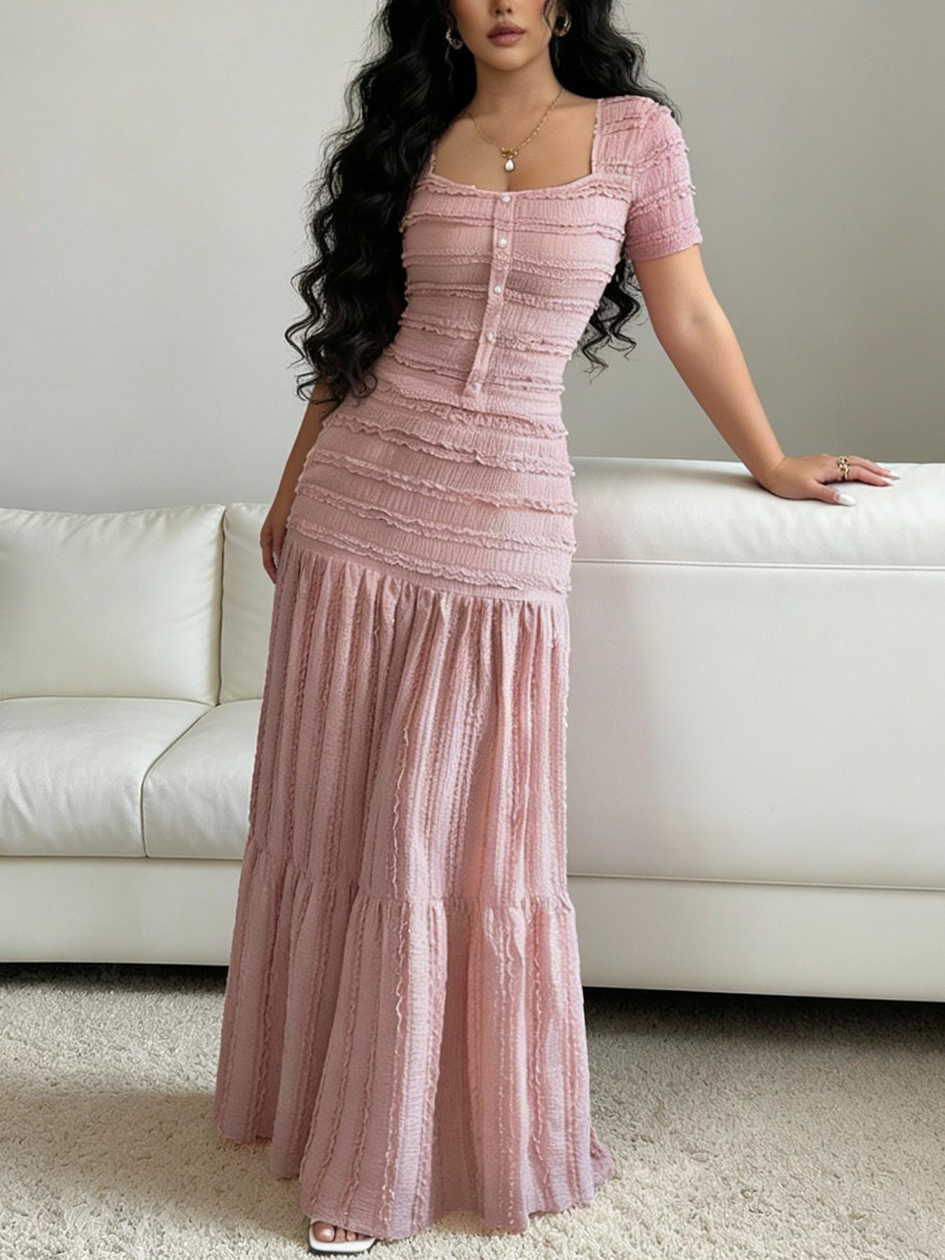 Women's Casual Elegant Party Sweet Cute Short Sleeve Square Neck T-Shirt and Half Skirt Set, Spring & Fall Fashion