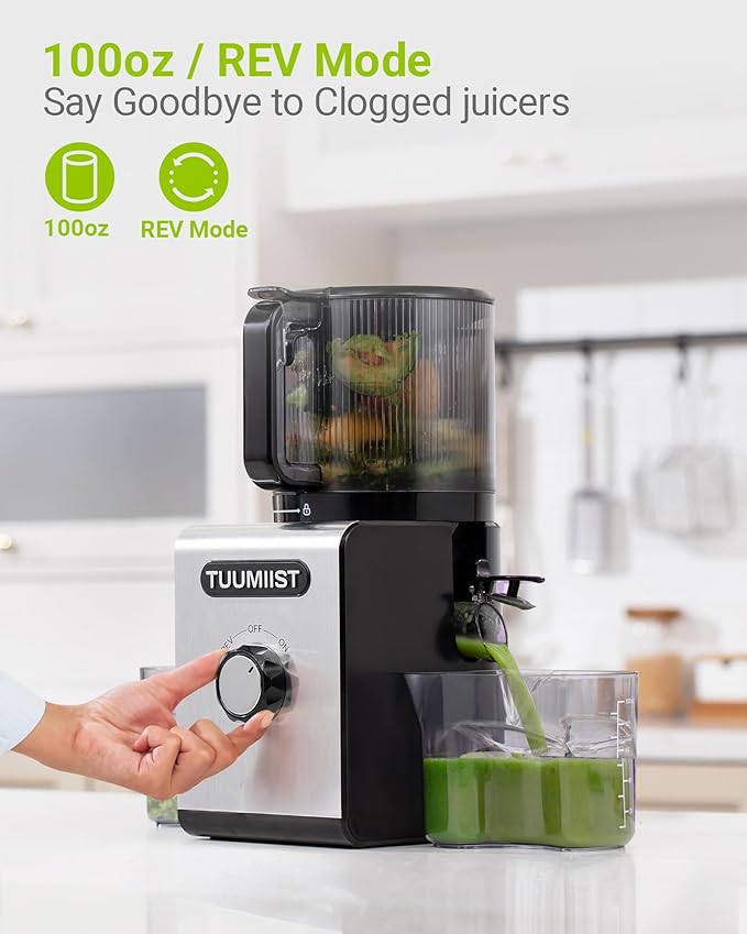 TUUMIIST Cold Press Juicer Machines – 6.5'' Large Feed Chute for Whole Fruits & Vegetables, High Juice Yield, Easy To Clean