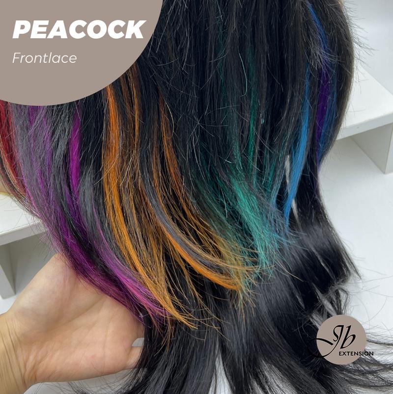JBEXTENSION 26 Inches Curly Black With ​Multiple Color Pre-Cut Frontlace Wig PEACOCK