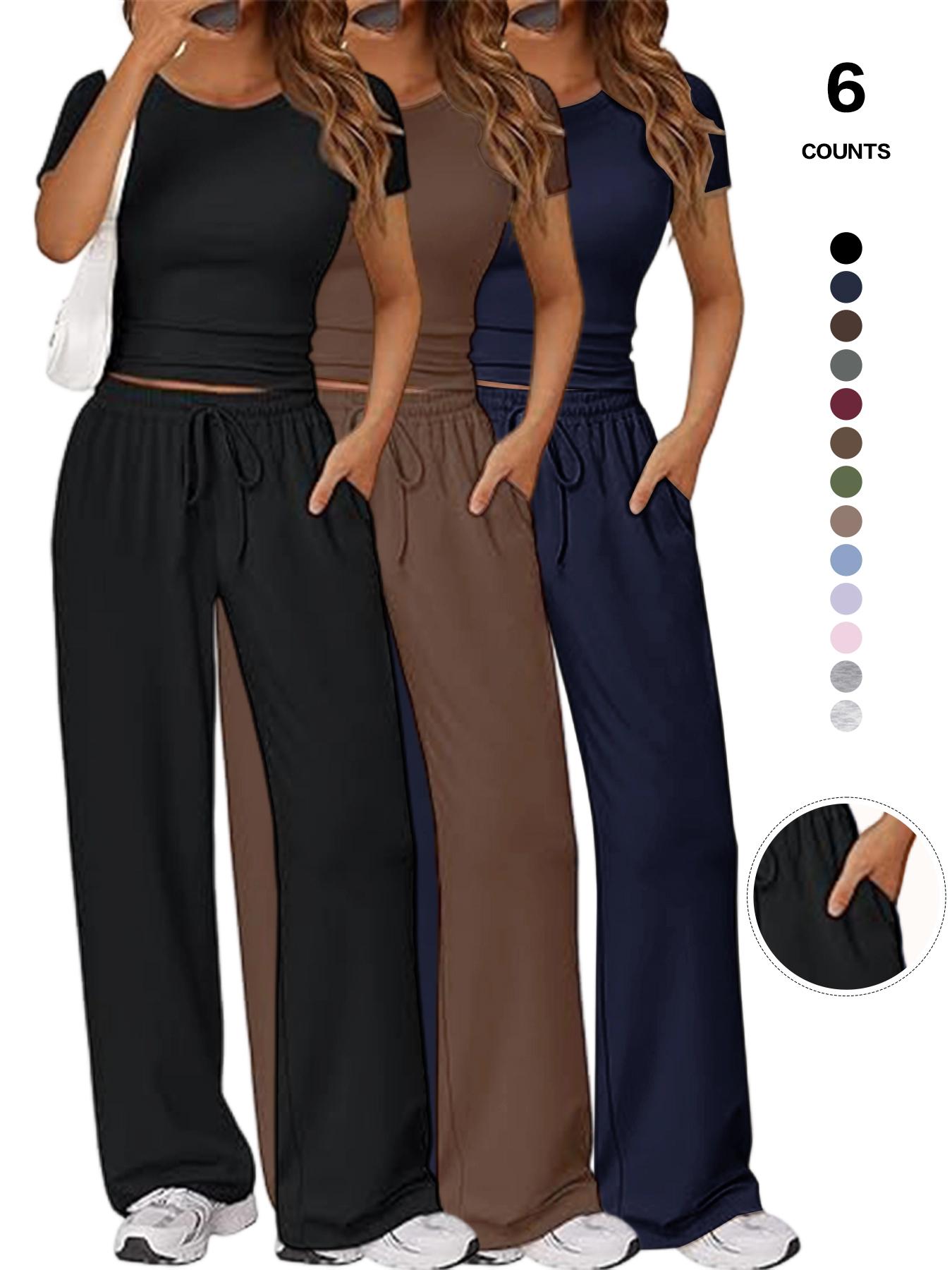 Women's Spring Summer Casual Set, Round Neck Short Sleeve Top & Wide Leg Pants, Slim Fit Home Wear, 2 Piece Comfortable