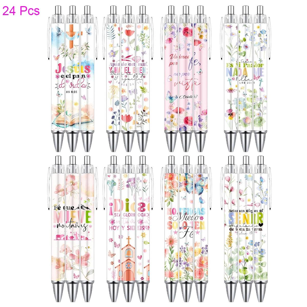 8/16/24 Pcs Bible Verse Ballpoint Pens, Inspirational Butterfly Smooth Writing BallPoint Pens, Spanish Christian Flower Pen Set, Religious Church Gifts for Women Men, Coworker Office School Supplies