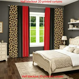 2-piece set of red and black leopard color blocked curtains, Window curtain, Home Decoration Curtain, classic retro style, semi transparent polyester fiber material, pole bag design, suitable for home decor, all year round