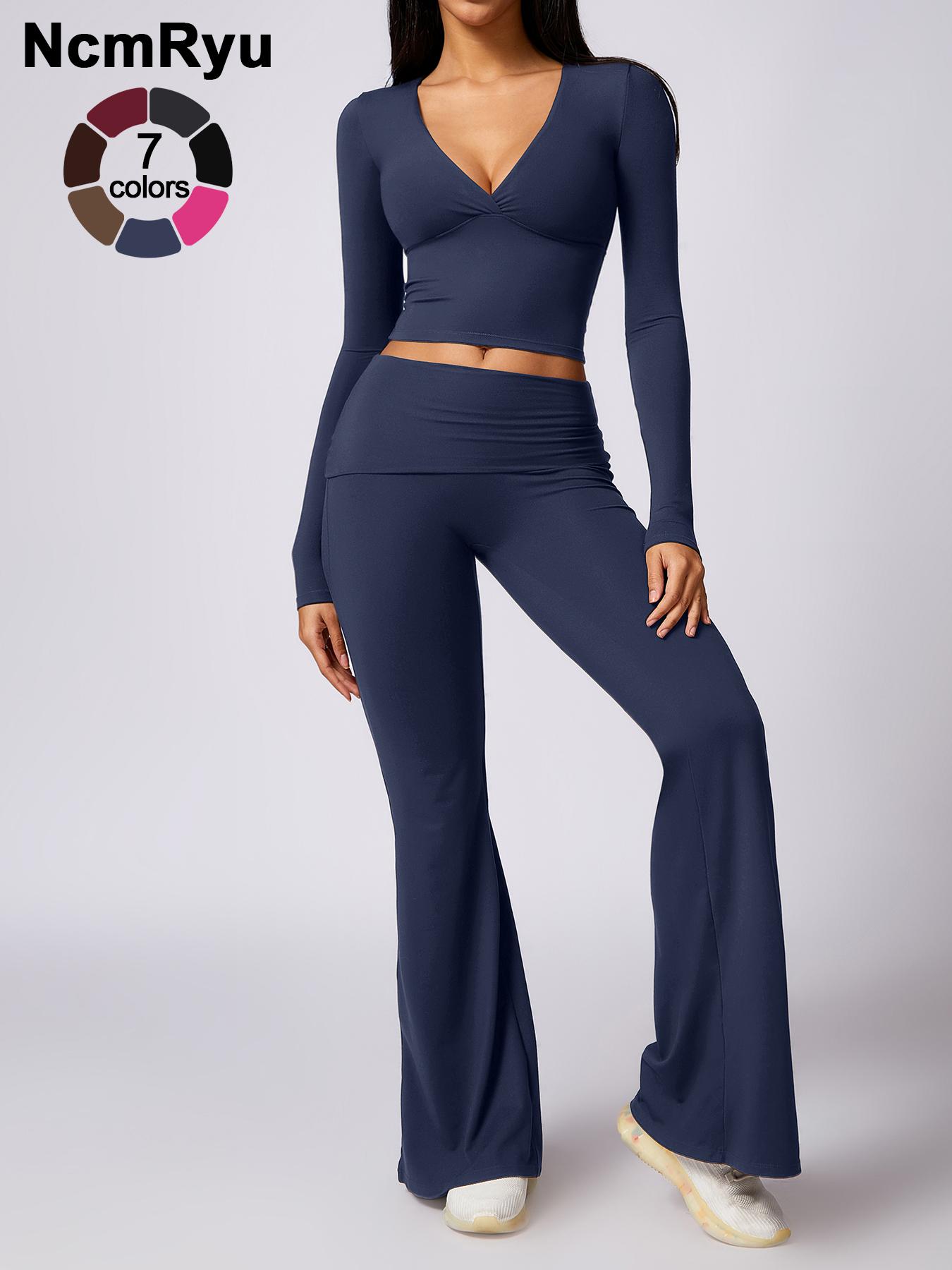 Women's Patchwork High Elastic Deep V-Shaped Collar Detachable Chest Pad Long Sleeve Oblique Waist Slim Fit Flared Pants Yoga Clothes suit Sweatsuit Set Outdoor Running Cycling Walking Gym Sports Training Workout Set Athleisure Wear Set