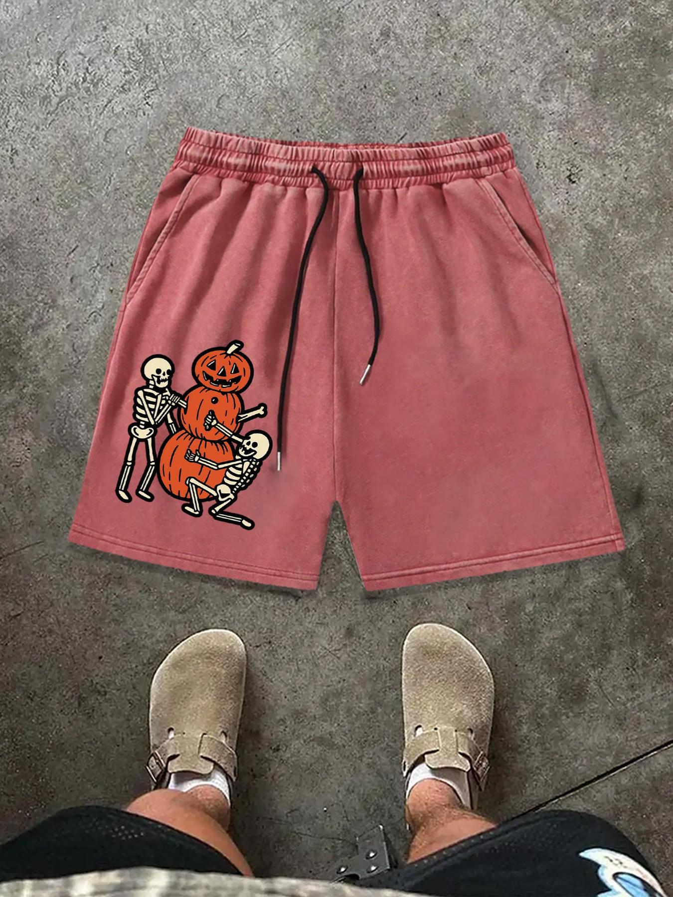 Men's Summer Halloween Pumpkin Skull Print Graphic Shorts, Casual Fitted Cotton Short Pants with Drawstring Waistband, Perfect Gift for Boyfriend