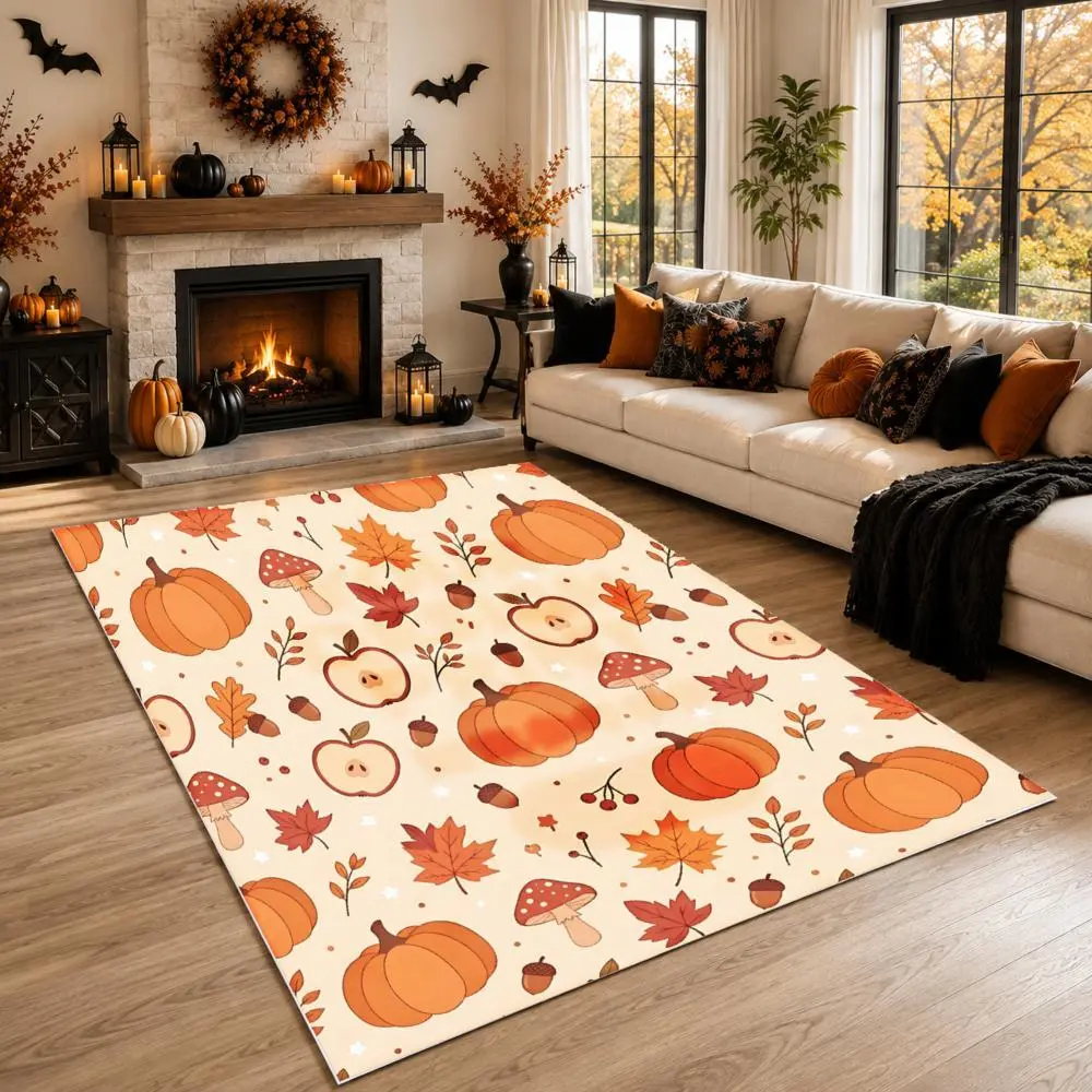 Autumn Pumpkin And Leaf Pattern Large Area Rug, 5X7 Ft, Soft Non-Slip Fabric, Festive Fall Decor For Living Room And Fireplace Area