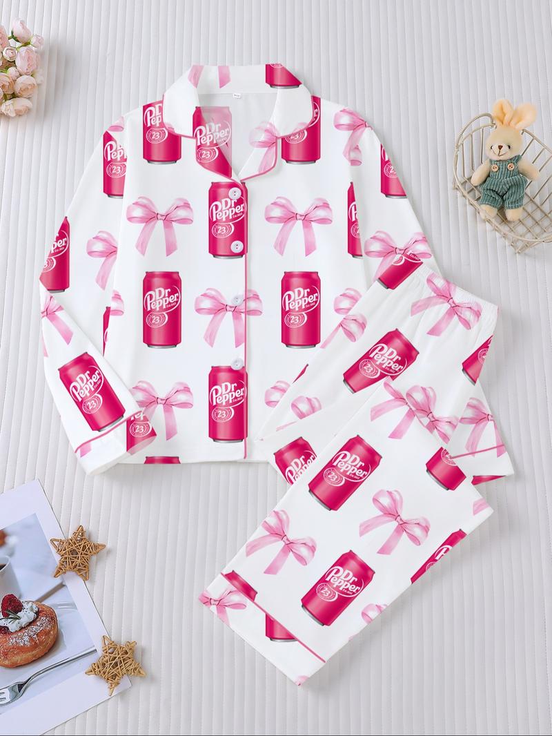 Dr Pepper Soda Bottle Bow Print Long Sleeve Pajama Set, Comfortable Fireproof Sleepwear, Loungewear, Fall Winter Home Wear, 2 Piece Set
