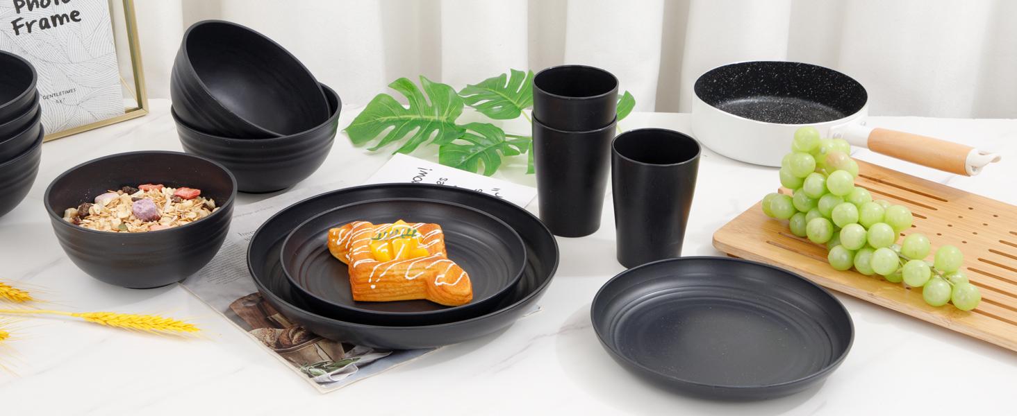 Wheat Straw Dinnerware Sets,Plates and Bowls Set, Dish Sets for 8, Unbreakable Plate for 8 Dishwasher Safe,Reusable Dinnerware Black-16pcs Plates, 8pcs Bowls, 8pcs Cups.