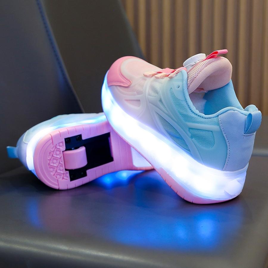16 Color Modes USB Rechargeable LED Roller Shoes for Boys Girls, EUR 28-40 Rotary Buckle Breathable Mesh Light Up Wheels Sneakers, Kids Teens Luminous Roller Skates Shoes, Single Double Wheels Heelys for Outdoor Sports, Birthday Gifts for US EU KSA JP