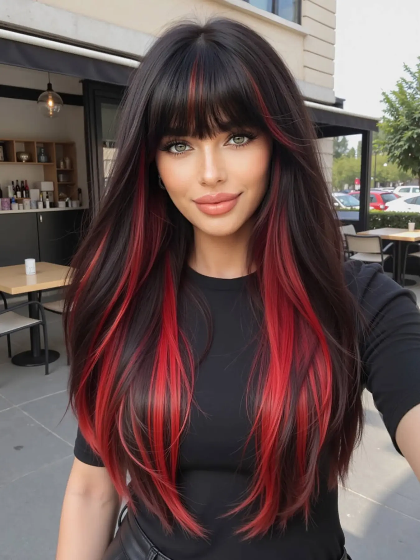Ultra-Long Straight Wig 26 Inches, Wine Blend Color, Full Bangs, Natural Hairline, Layered Inner Curl, Women's Fashion Wig, Synthetic Wigs