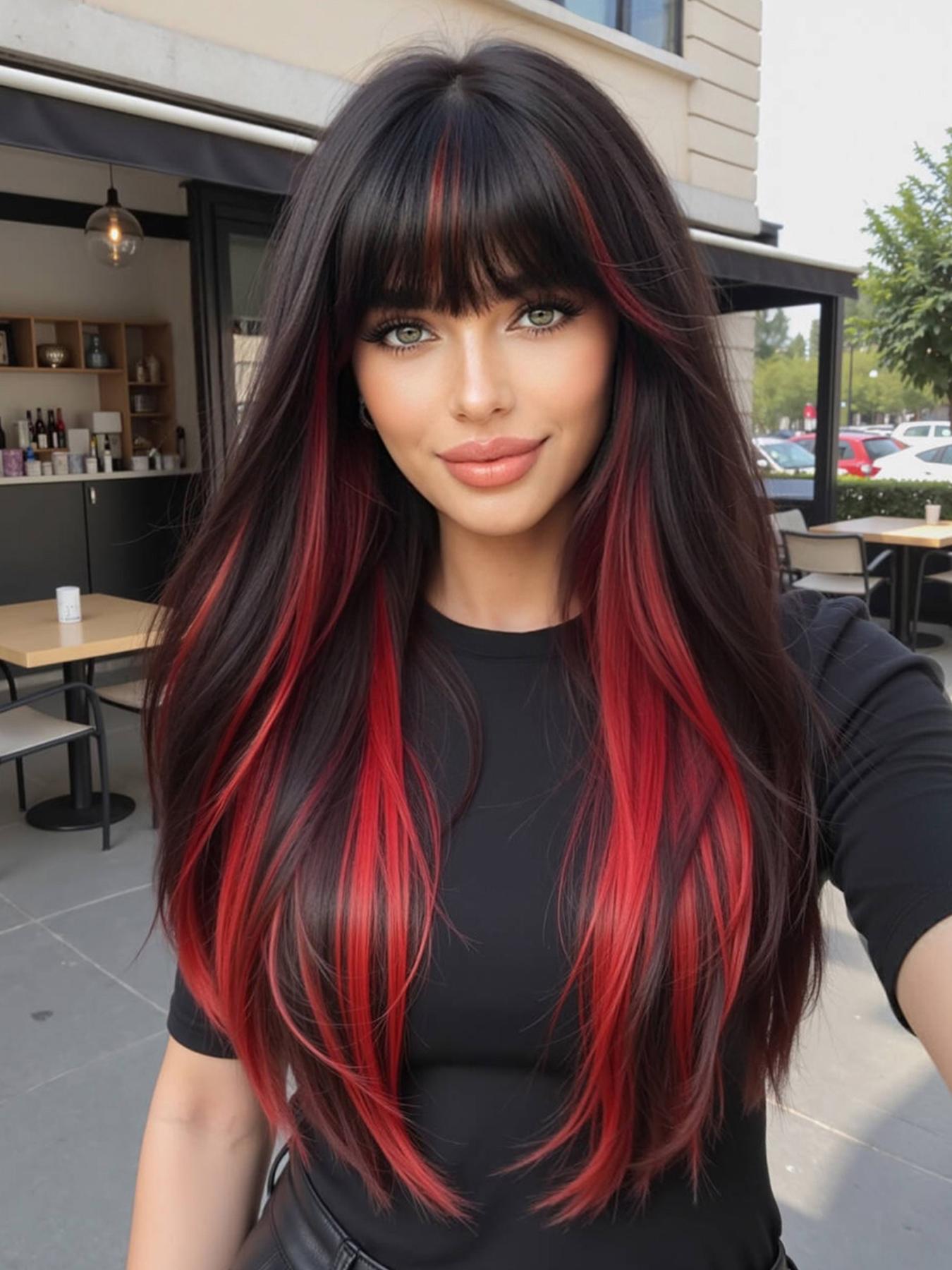 Ultra-Long Straight Wig 26 Inches, Wine Blend Color, Full Bangs, Natural Hairline, Layered Inner Curl, Women's Fashion Wig, Synthetic Wigs
