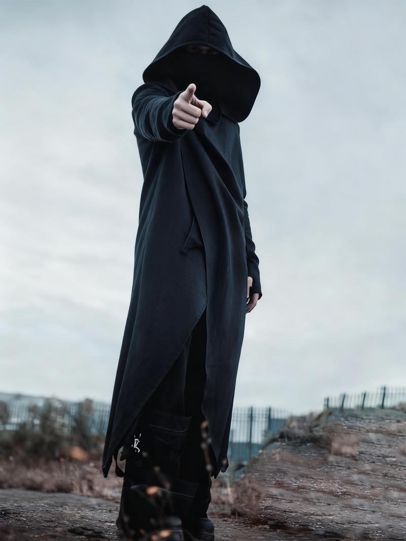 Men's Black Hooded Cyberpunk Maxi Coat – Asymmetric Design, Stylish Outerwear for Street Fashion & Cosplay Men's Black Hooded Cyberpunk Maxi Coat – Asymmetric Design, Stylish Outerwear for Street Fashion & Cosplay