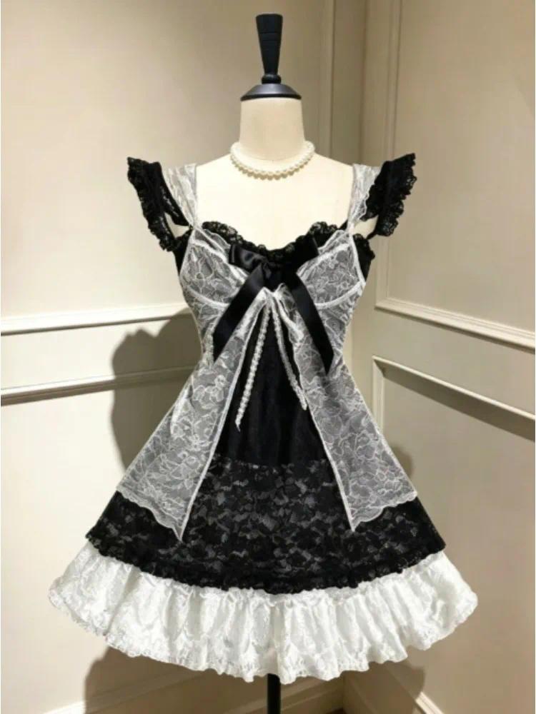 French Elegant Kawaii Aesthetic Lolita Dress Women Retro Japanese Style Ruffle Cake Bow Bandage Slim Y2K Outfit Trend Fashion