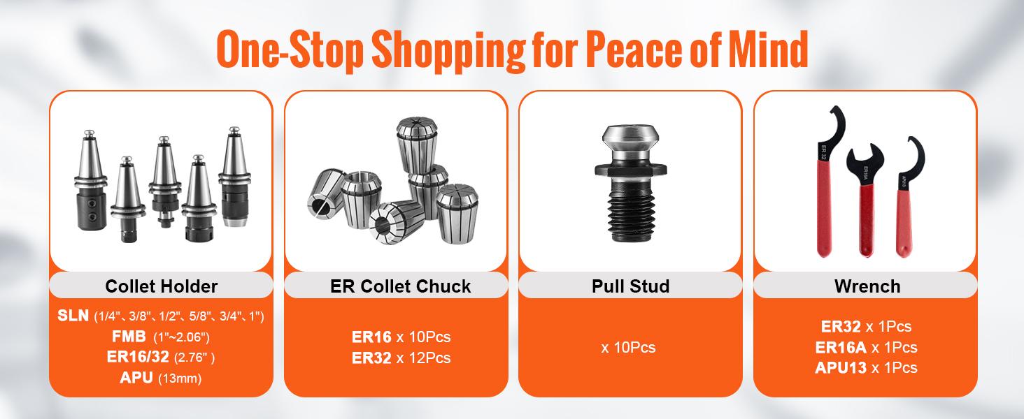 VEVOR CAT40 Collet Holder ER 16/32 Collet Set, 35 PCs, SLN FMB ER16/32 APU Tool Holders Spring Steel Collet Chucks with 10 Pull Studs and 3 Wrenches, for Milling Machine Drill Presses Boring Machine VEVOR CAT40 Collet Holder ER 16/32 Collet Set, 35 PCs, SLN FMB ER16/32 APU Tool Holders Spring Steel Collet Chucks with 10 Pull Studs and 3 Wrenches, for Milling Machine Drill Presses Boring Machine