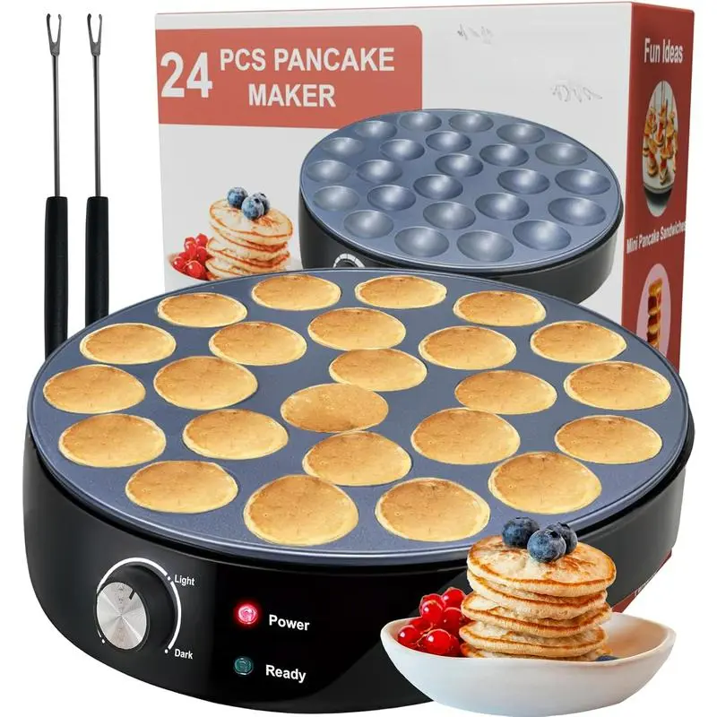 24 count Mini Pancake Maker Machine, Nonstick Electric Dutch Pancakes Griddle, Adjustable Heat Multi-Use Poffertjes Pan, Simple & Easy Baker for  and Restaurants,  for Breakfast & Desserts