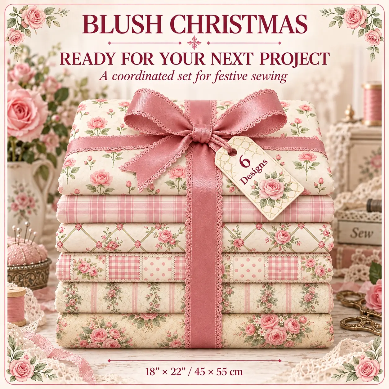 6Pcs Shabby Chic Pink Rose Fat Quarter Fabric Bundle, 45cm×55cm(18in×22in), Vintage Pink Rose Floral Printed, Soft 100% Polyester Cotton-Like Plain Weave Cloth, DIY Handmade Sewing Quilting Fabric for Pillow, Gift Pouch, Home Deco