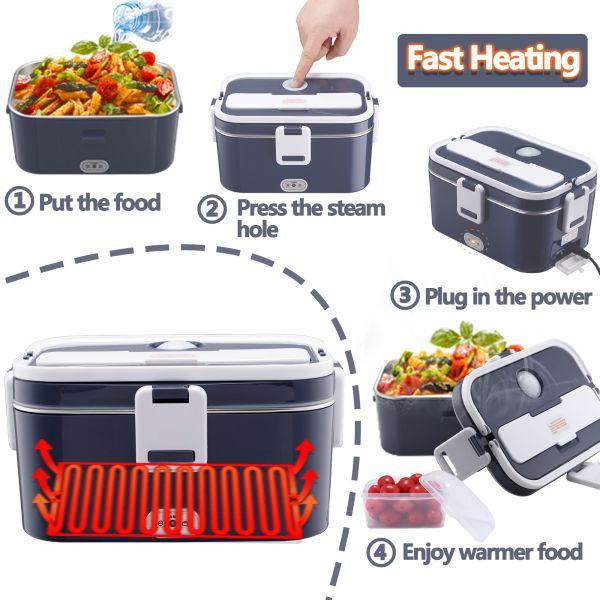 Nifogo Black Friday Electric Lunch Box Portable Food Heater for Adults 110V/12V/24V 1.8L 304 Stainless Steel with Fork Spoon & Bag Tableware Classic Black