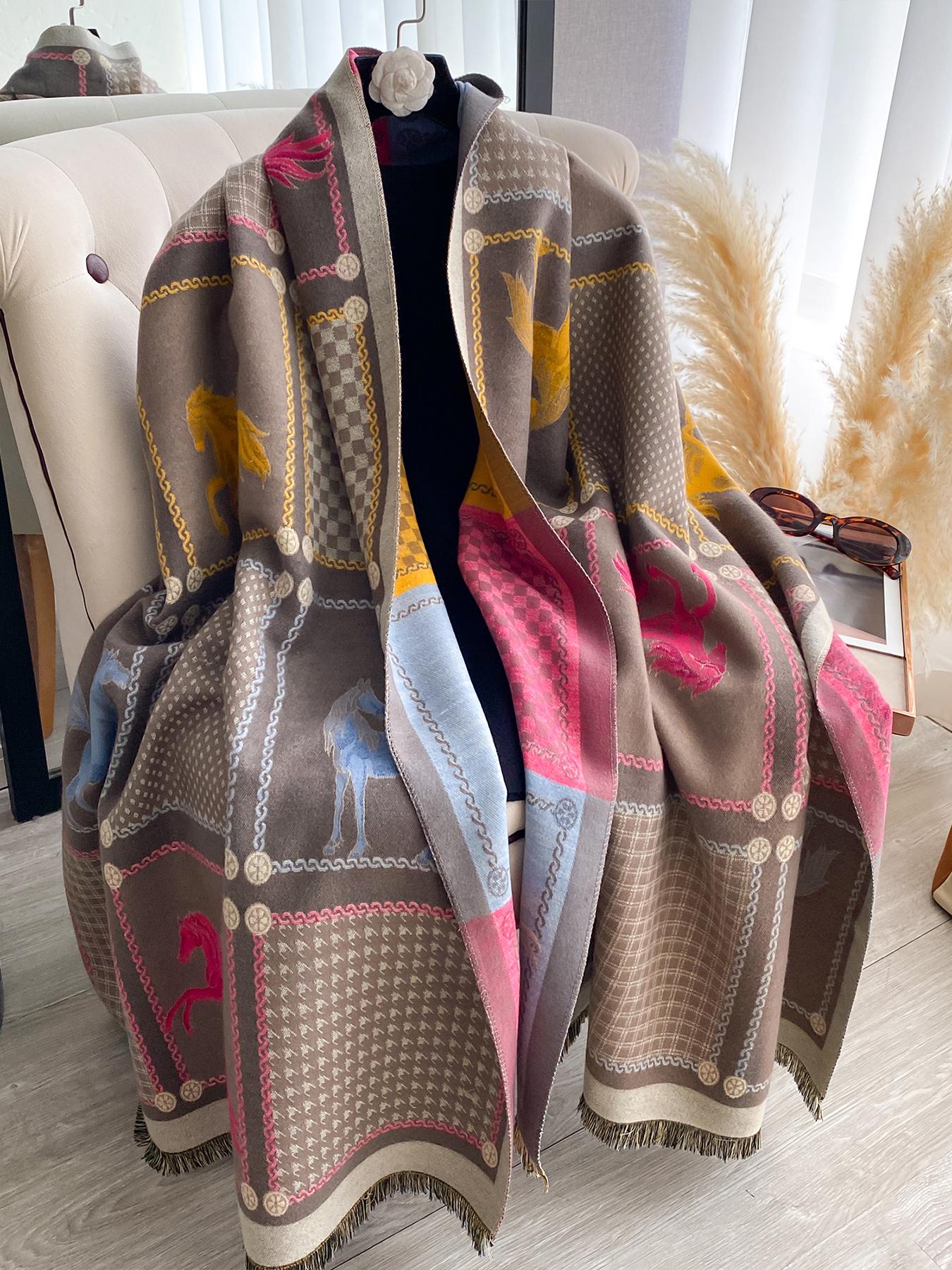 Boho-Style Horse-Pattern Scarf with Fringe-Trim, Casual Soft Warm Shawl for Fall and Winter, Fashion Accessory for Women & Girls