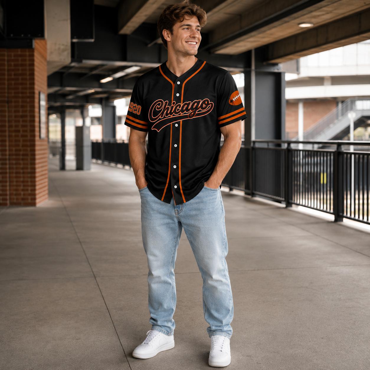 Unisex Regular Fit Button Front Football Team Baseball Jersey, Short Sleeve Game Wear Game Day Top for Football Lovers, Black/Orange/Navy Sport Casual Everyday Outfit - Multiple Colors Available