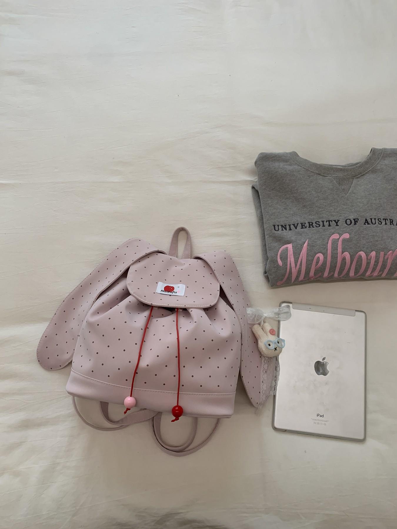 New Rabbit Ears Polka Dot Backpack, Cute Korean Style Student Bag, Large Capacity Commuter Backpack, Soft Adorable Bunny Shoulder Bag