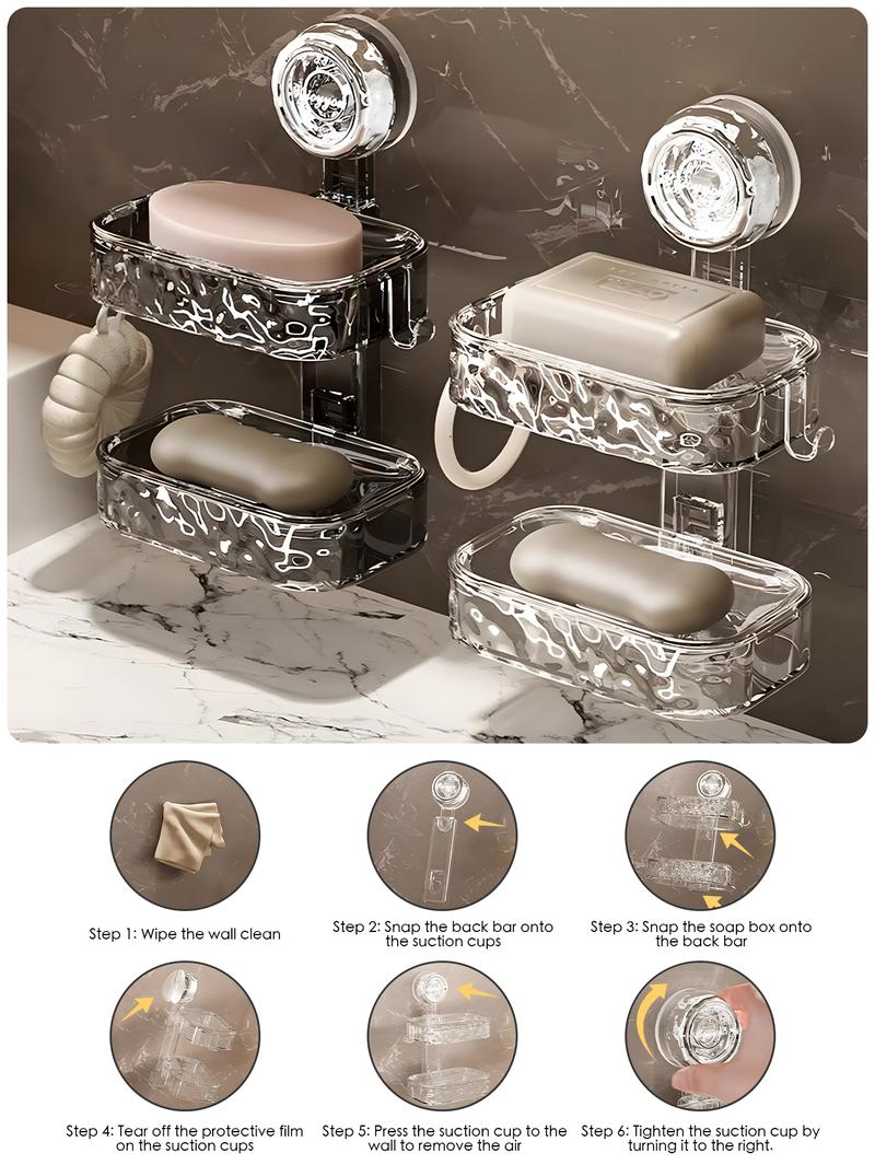 1/2 Layer Wall Mounted Soap Box, Suction Cup Soap Holder, Drill-Free Soap Dish, Bathroom & Kitchen Sink Storage Rack, Plastic & Stainless Steel