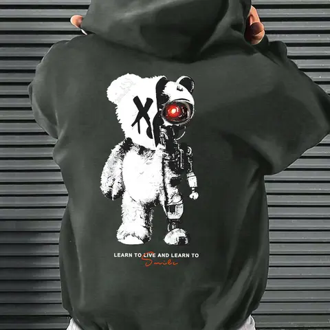 Men's Graphic Cartoon Bear Print Drop Shoulder Thermal Lined Hoodie, Fashion Casual Regular Fit Drawstring Pocket Hooded Sweatshirt for Daily Holiday Outdoor Wear, Men Clothes for Fall & Winter