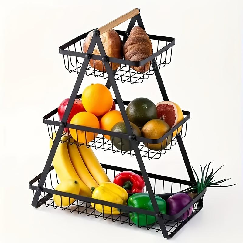 1pc 2/3-Tier Iron Drain Basket with Wooden Handle - Removable Wire Mesh Food-Safe Countertop Storage Organizer for Kitchen, Bathroom, Fruits & Vegetables - Space-Saving Home Organization Solution, Kitchen Storage Basket, Bathroom Organizer,