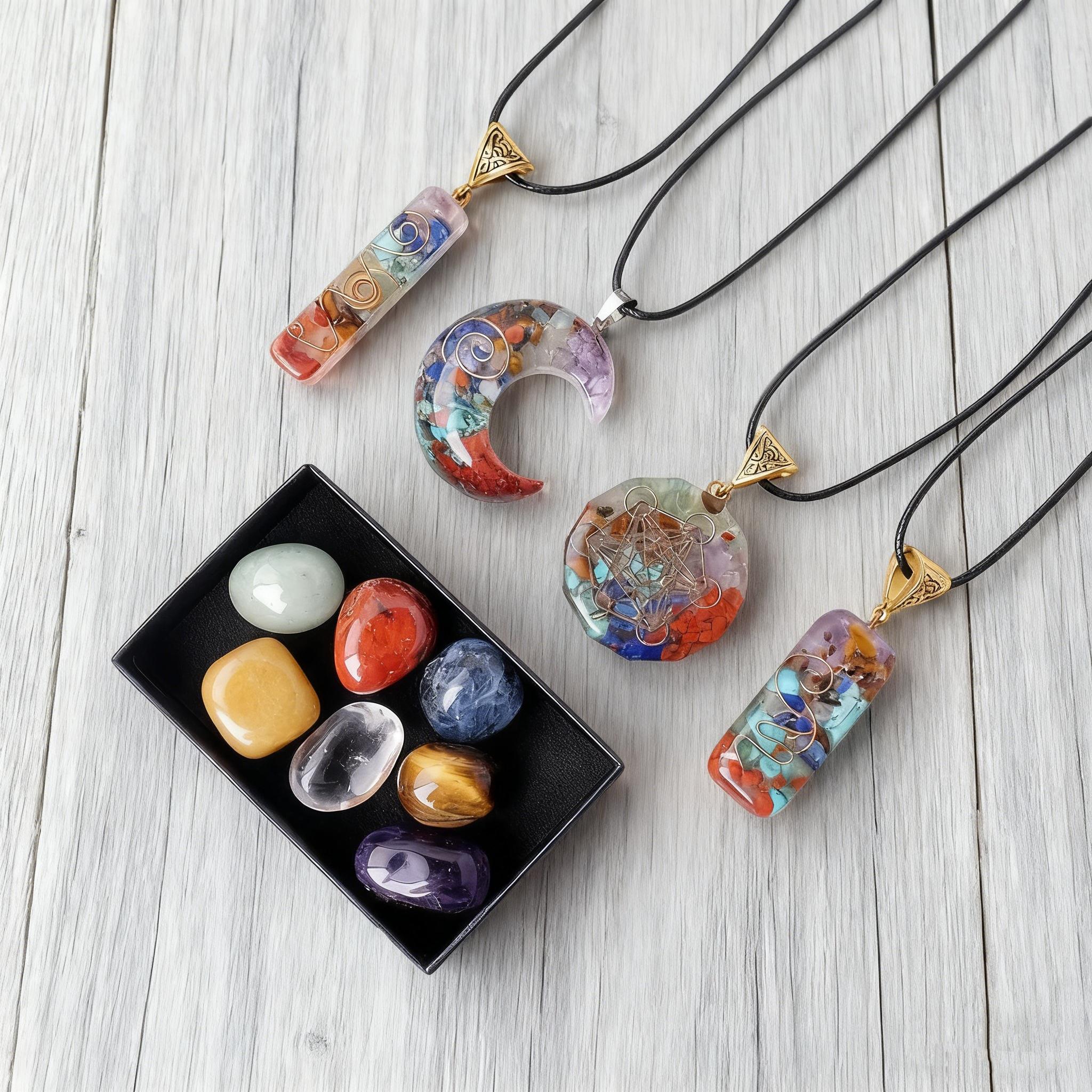 Natural Seven-Color Crystal Moon Pentagram Pendant Necklace 