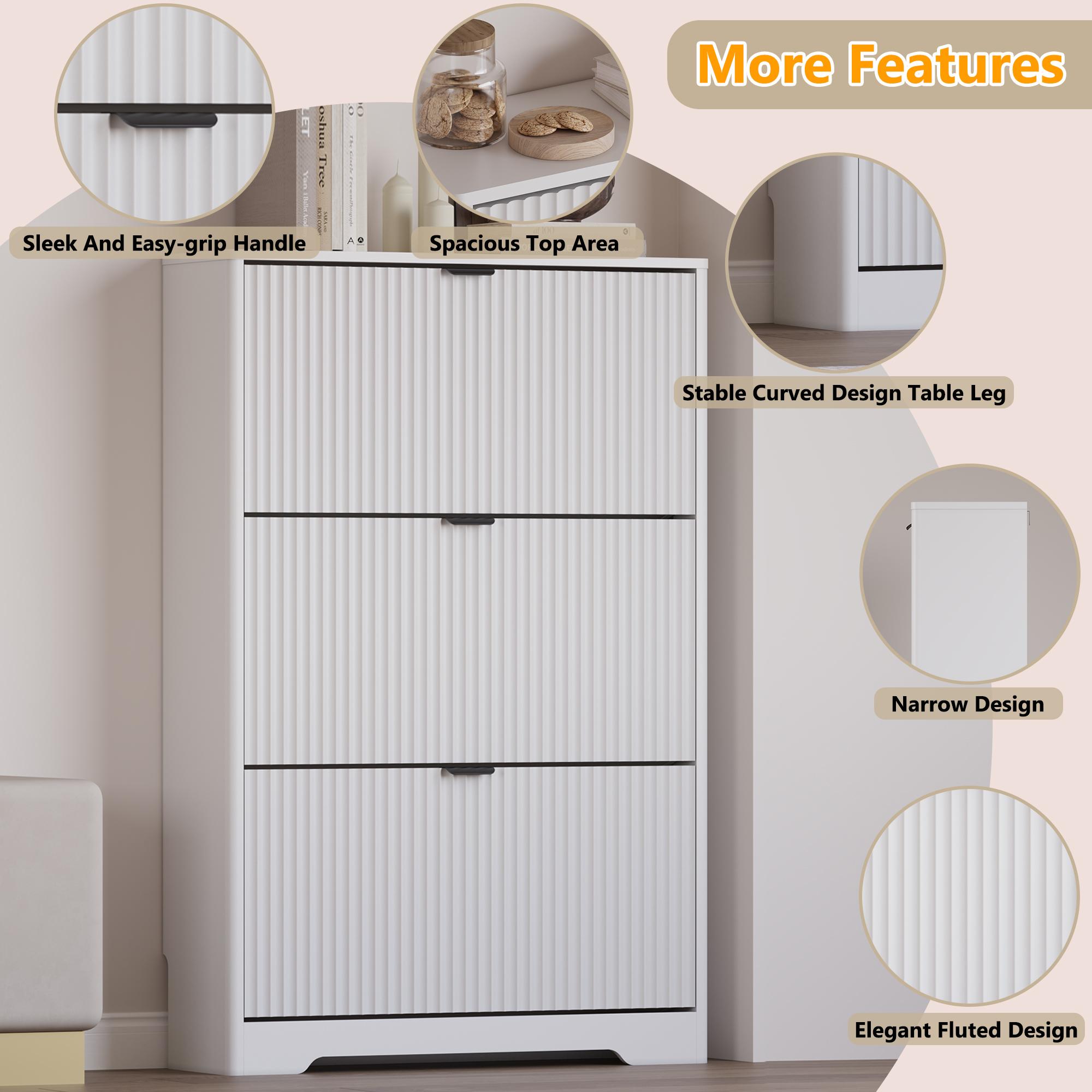 Natural Finish Shoe Cabinet Storage for Entryway with 3 Flip Drawers, Black Fluted Shoe Cabinet with Adjustable Shelves, Wooden Hidden Shoe Rack Freestanding Narrow Slim Shoes Storage for Hallway, Entrance