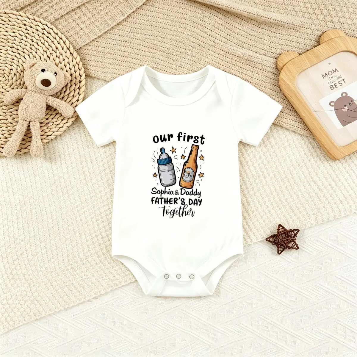 Boys' Personalized 100% Cotton Romper, First Father's Day Top with Sophia Name Graphic