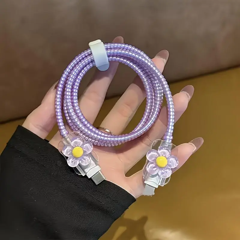 Set of 4 Plastic Cable Protectors Designed Like Flowers for Type C And for Iphone Connectors, Compatible with Universal for Iphone And Type-C Cables