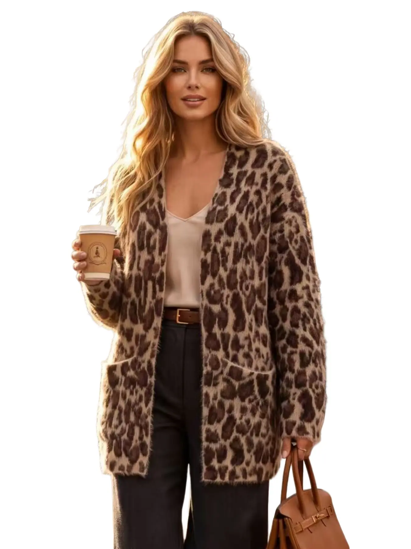 Women's Leopard Print Faux Mink Cardigan Sweater - Soft Plush Open Front Long Sleeve Knit Coatigan Outwear with Pockets