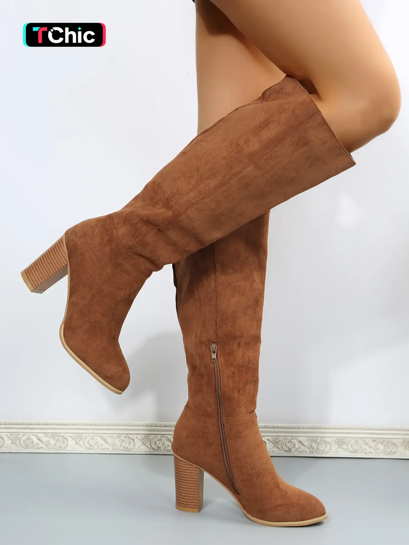 Women's Fashionable Solid Zipper Design Boots, Casual Comfortable Knee High Heels Boots for Daily Wear, Non-slip All Match Pointed Toe Winter Shoes for Party, Club, Brown, Elegant Boots