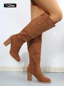 women's fashionable solid zipper design boots, casual comfortable knee high heels boots for daily wear, non-slip all match pointed toe winter shoes for party, club