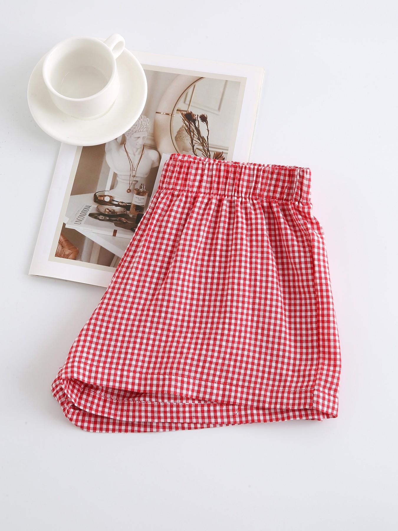 Comfortable Fit Elastic-Waist Gingham Shorts for Everyday Wear, Suitable for Spring and Summer