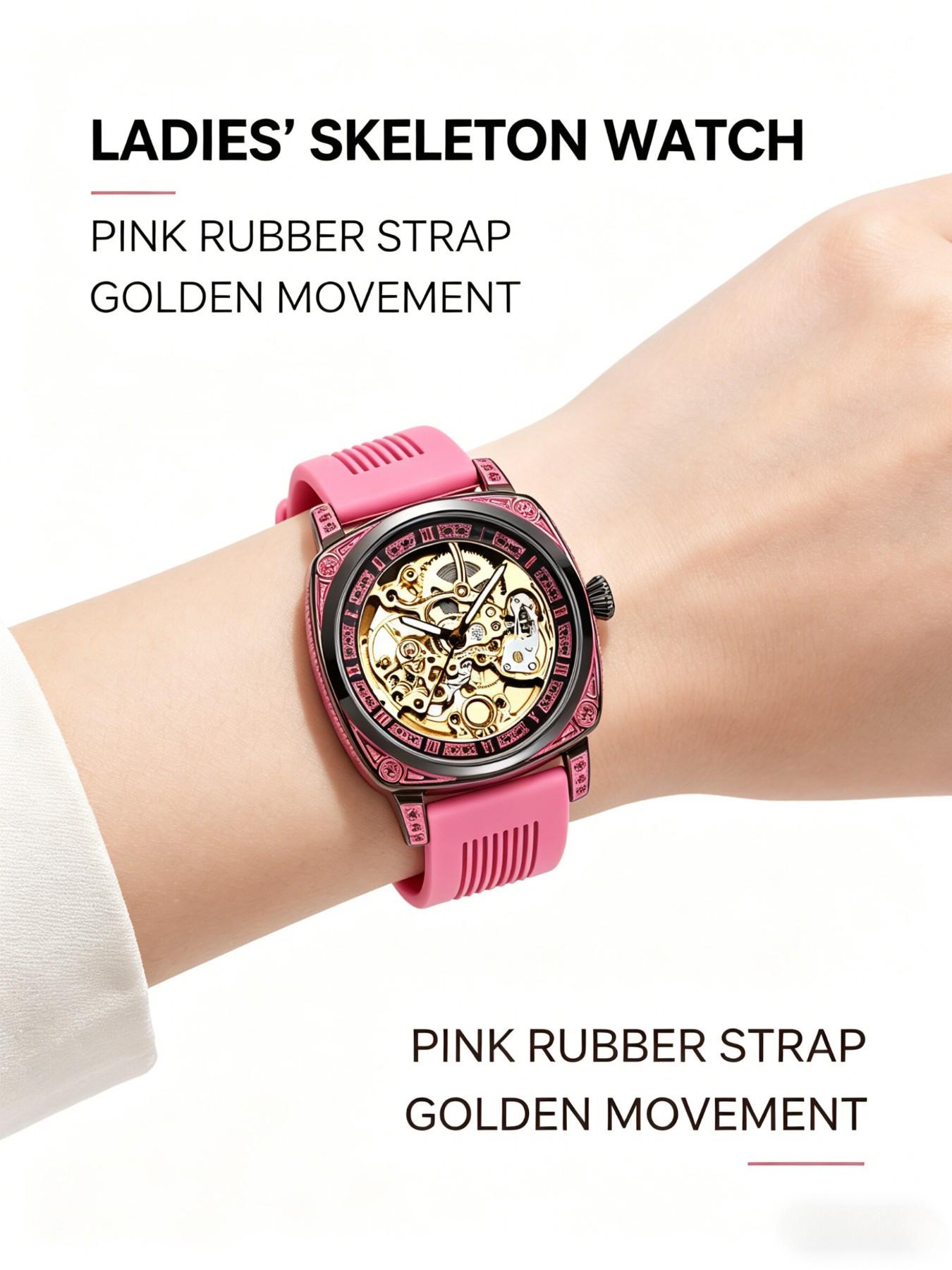 Women's Elegant Hollow Out Design Mechanical Style Watches, Fashion Round Dial Silicone Strap Watch, Fashionable Analog Watch for Party, Daily Decor, Trendy All-match & Exquisite Watch for Birthday Gift with Box