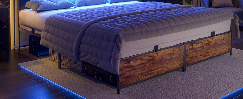 Unikito King Size Smart Bed Frame with LED Lights & Power Outlet, Luxury Leather Headboard, Storage Cabinet, Sturdy Metal Slat Support, Modern Platform Bed, Bedroom Furniture, Big Luxury Bed