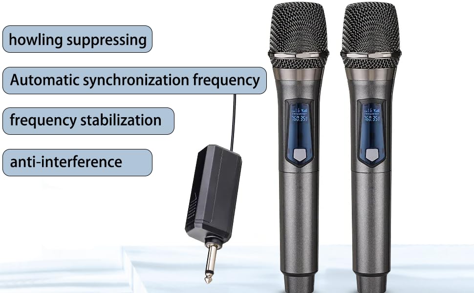Wireless Microphone, Rechargeable Fixed Frequency Wireless Dual Microphone,Handheld Dynamic mic,Karaoke Singing, Weddings DJ,Party, Church, Classroom use, 200 feet, Gray. (2 Versions Randomly Shipped)