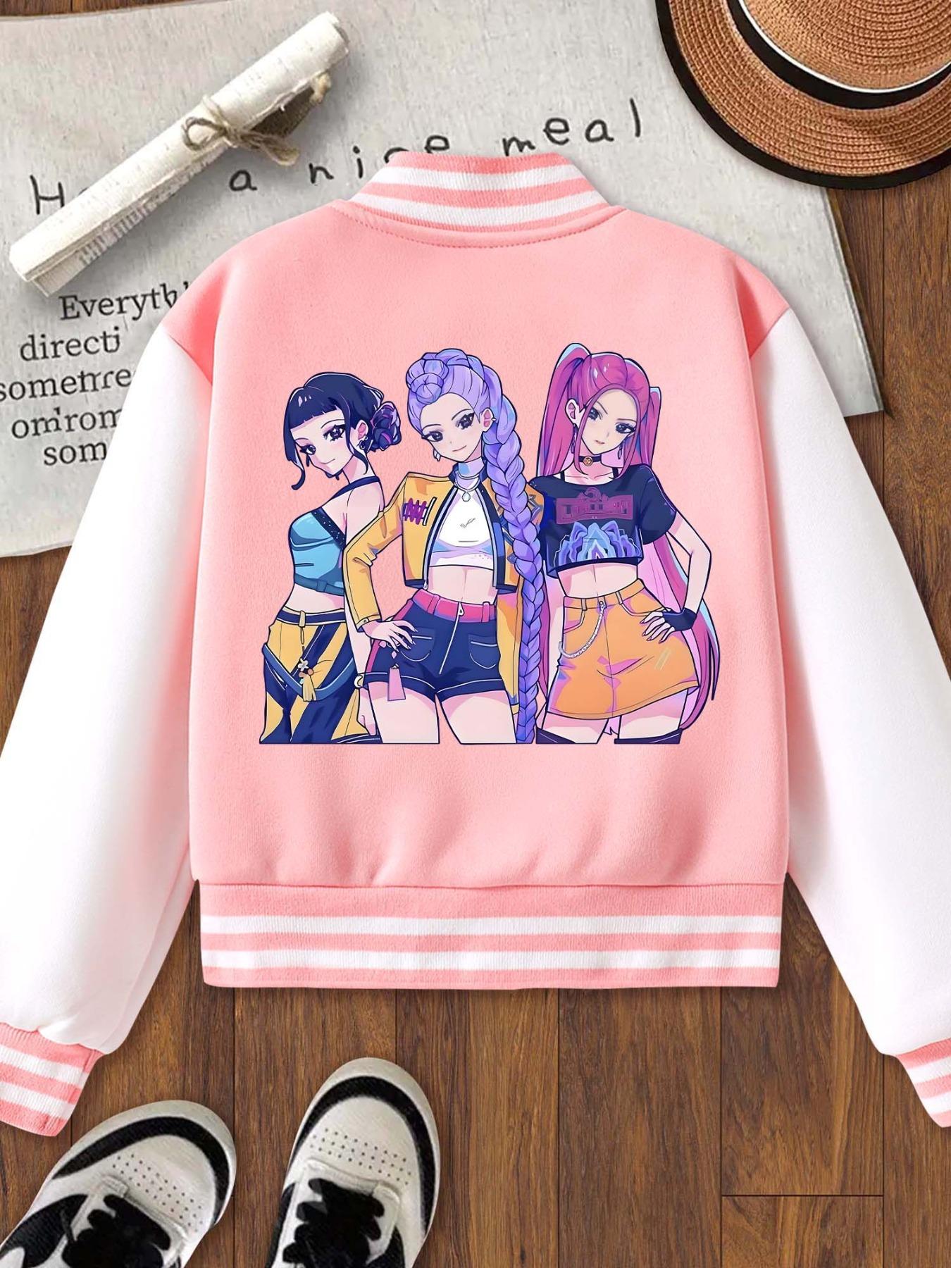 KPOP – The Huntress Girl Group Girls Halloween Christmas Short Baseball Jacket, Casual Comfy Jacket, Casual Sports School Uniform, Anime Character Design, Elastic Fabric, Fall Winter Outerwear, Collared Jacket, Casual Cute Outerwear