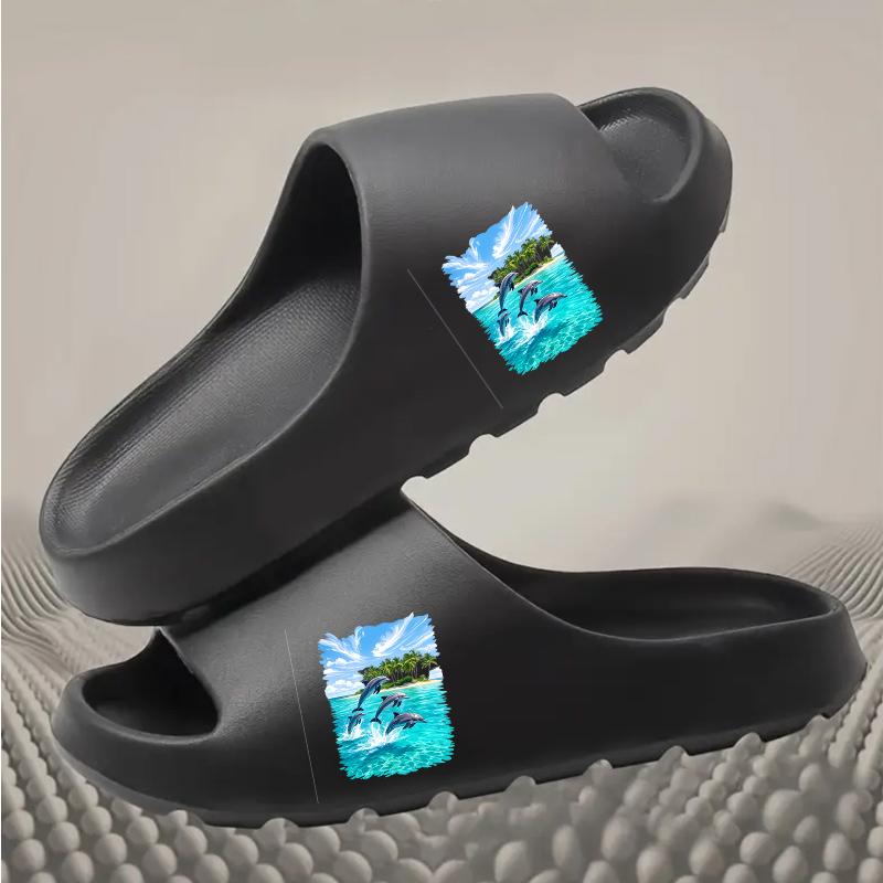 Dolphin Themed Slippers for Women Men Non Slip Summer Beach Sandals with Tropical Island Print Lightweight Comfortable Indoor Outdoor Shoes