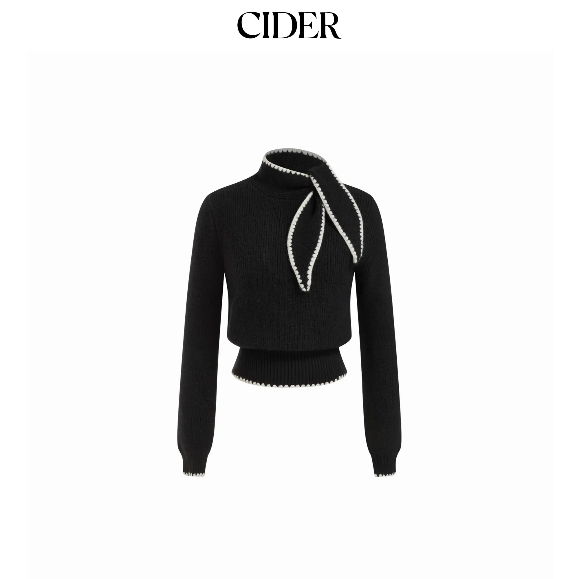 Cider Knit High Neck Bowknot Contrasting Binding Top