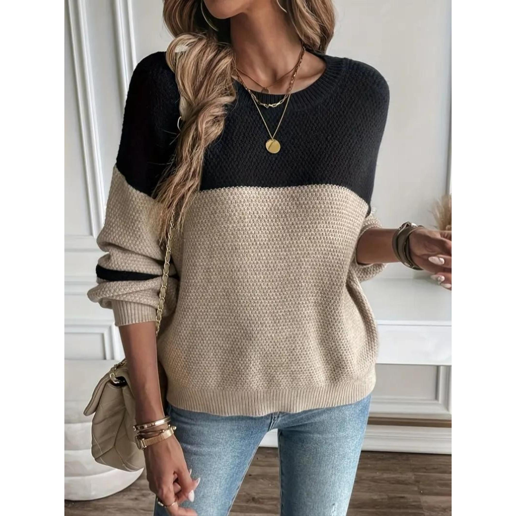 Loose-Fitting Color Block Striped Sweater, Thick Casual Knit for Fall & Winter, Cozy Fashion for Relaxed Days