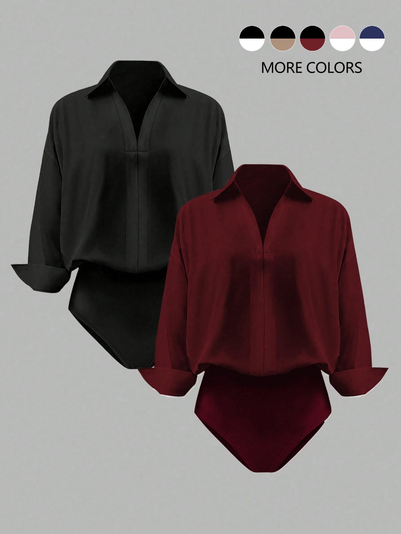 Women's casual loose V-neck long-sleeved shirt jumpsuit, elegant woven fabric, slim fit, suitable for all seasons, and can be layered flexibly.