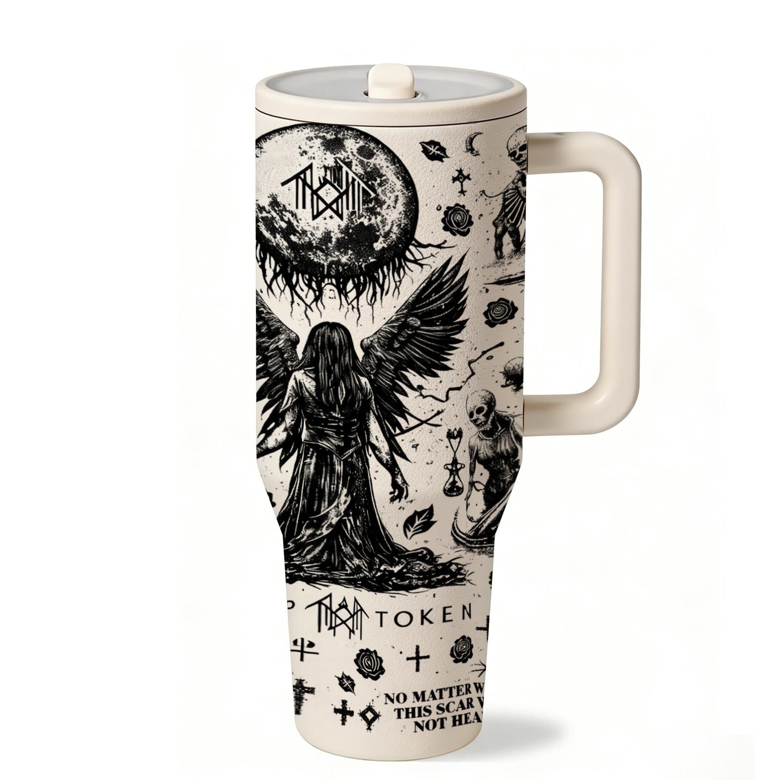 Auracup 1pc 40oz Sleep Token Insulated Tumbler with Handle and Straw, Gothic Angel Moon Art Stainless Steel Travel Mug, Vacuum Water Bottle Keeps Drinks Cold Hot for Hours, Large Capacity Car Coffee Cup Gift, Thermos Cup